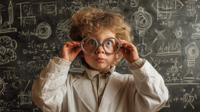 A young scientist with curly hair, wearing oversized glasses and a lab coat, looks curious against a backdrop of scientific equations and diagrams, showcasing the joy of discovery.