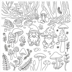 Obraz premium Cute gnomes and mushrooms in a magical forest coloring page