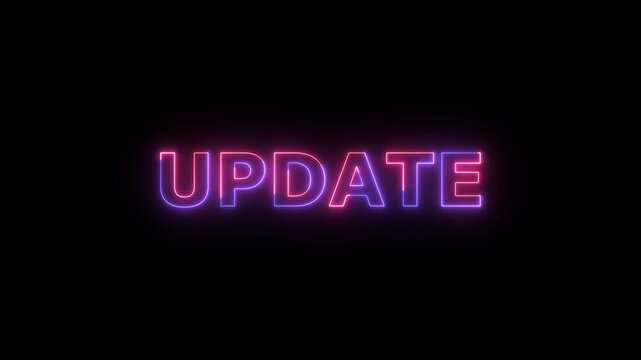 Illuminated Neon Text " UPDATE" in Electric Purple and Pink Hues Against a Deep Black Void, Signifying Change and Progress with a Modern Visual Style