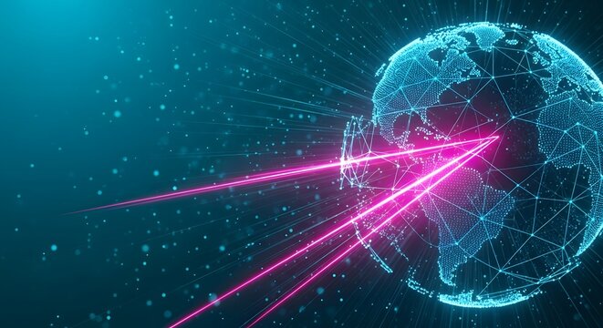 Digital earth globe with glowing pink laser connection lines in blue space background