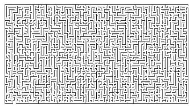 Complex black and white maze on white background, intricate labyrinth for challenge.