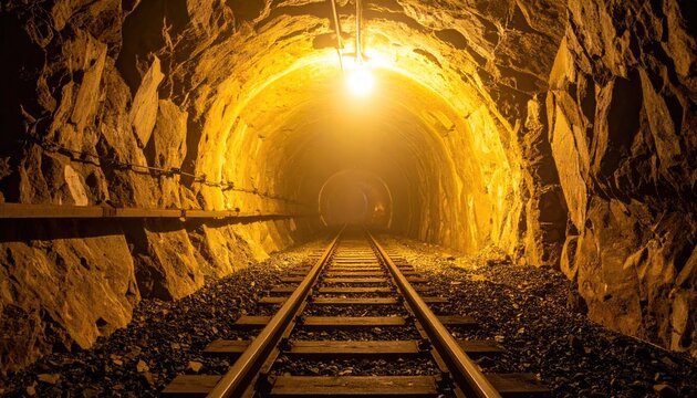 Dimly lit mine tunnel with railroad tracks leading into fog