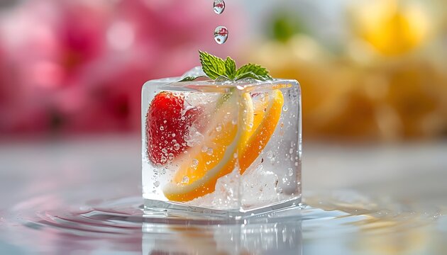 A refreshing cold cocktail of fresh fruit juice and sliced lime with mint and ice cubes in a glass of water, isolated on a white background