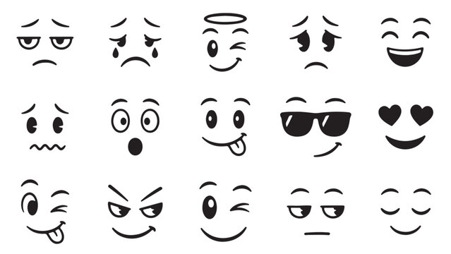 Cartoon emoji facial expressions and emotions black vector icon set