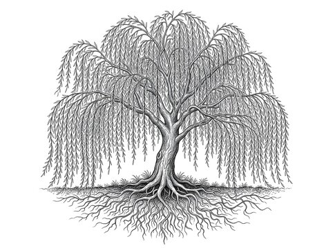 Weeping willow tree ink drawing style, detailed illustration of roots and branches.