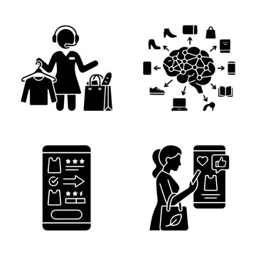 Shopping Assistance Icons Black Silhouette Style Depicting Retail Services And Online Commerce Concepts boutique buyer checkout