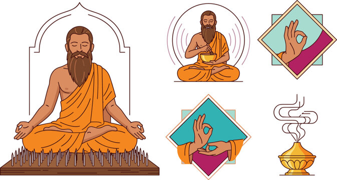 Indian Sadhu Yogi Vector Meditation Set Featuring Holy Man on Bed of Nails Sound Bowl Mudra Hand Gestures and Burning Incense Burner