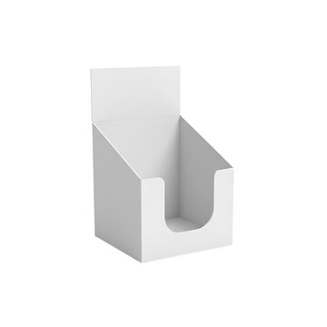 Empty white cardboard countertop display box isolated on transparent background for retail product marketing