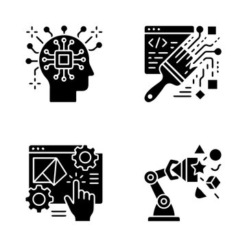 Artificial Intelligence Icons Set Featuring Brain Coding Interface And Robotic Arm Illustrations In Black icon machine
