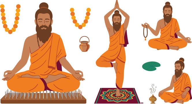 Indian Sadhu Yogi Vector Character Set Featuring Holy Man Meditating on Bed of Nails Yoga Tree Pose Praying Holding Rosary and Incense Elements