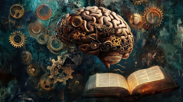 A human brain made of gears and cogs with an open book in front, surrounded by a grunge backdrop.