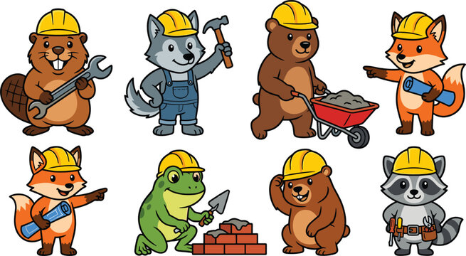 Cute Cartoon Animal Construction Workers Mascot Set Featuring Beaver Wolf Bear Fox Frog and Raccoon Builders with Hard Hats and Tools