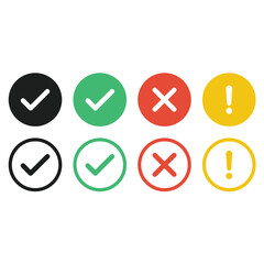 Fototapeta premium Set of check mark, cross mark and exclamation mark icons in circle shapes