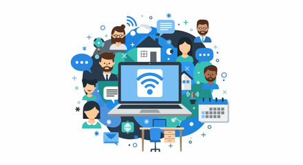 Fototapeta premium Remote Work and Digital Connectivity Flat Vector Illustration with Laptop, Global Communication Icons, Diverse People Avatars, and Home Office Elements