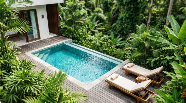 A pool sits in a wooden deck area surrounded by lush green plants. Two lounge chairs are placed near the pool under the bright sun