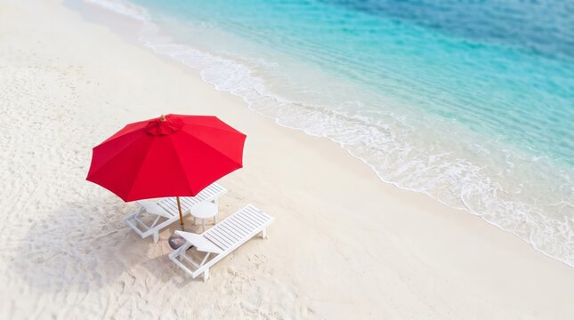 Two white lounge chairs sit on the sand near the water. A red umbrella provides shade. The ocean is blue, and the scene is bright and sunny