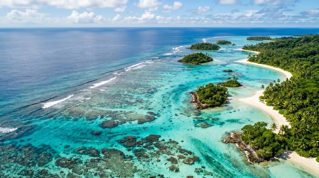 A bright beach with clear blue water and small islands scattered in the ocean. Soft waves touch the shore under a clear sky with clouds