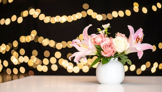 Delicate pink and white flowers in a white vase with bokeh lights