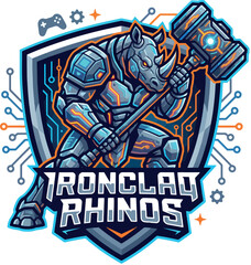 Ironclad Rhinos: Heavy armored cyberpunk rhino warrior with mechanical hammer © Sourav