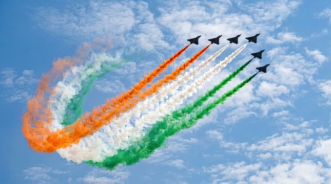 Indian air force suryakiran aerobatic team performing tricolor smoke trails in blue sky