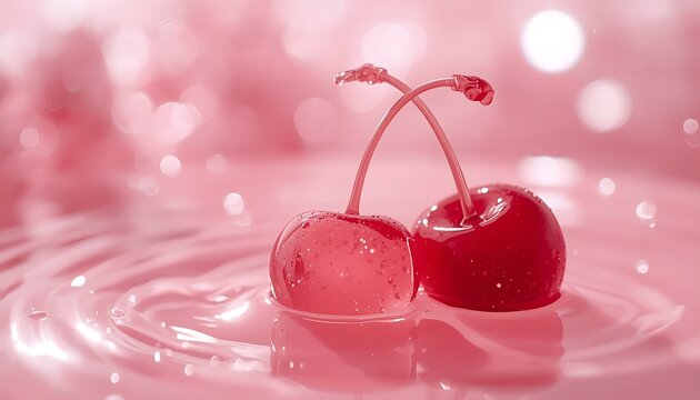 Fresh ripe red cherries in a glass with ice and an isolated single cherry on a white background make a sweet, juicy summer fruit decoration for a delicious dessert cocktail