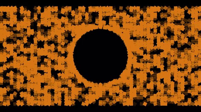 An abstract motion graphics background featuring small orange square particles flowing dynamically around a solid