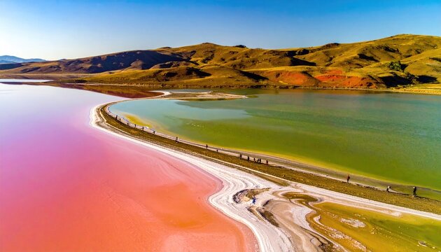 Two distinct colored lakes separated by a narrow strip of land under a vast sky