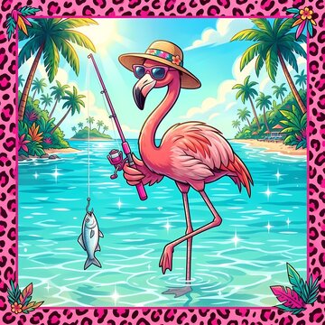 Cute cartoon flamingo fishing on a tropical beach, wearing sunglasses and a straw hat with a pink leopard print frame.