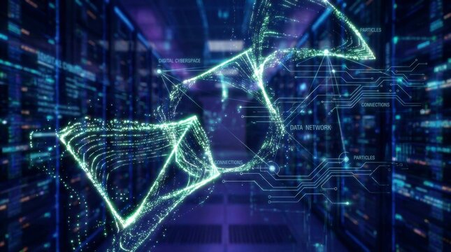 Digital data network stream with glowing particle dna structure inside a futuristic server room rack