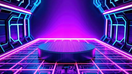 Fototapeta premium Futuristic room features glowing neon lines, dark floor, central cylindrical platform. Bright purple light illuminates space.