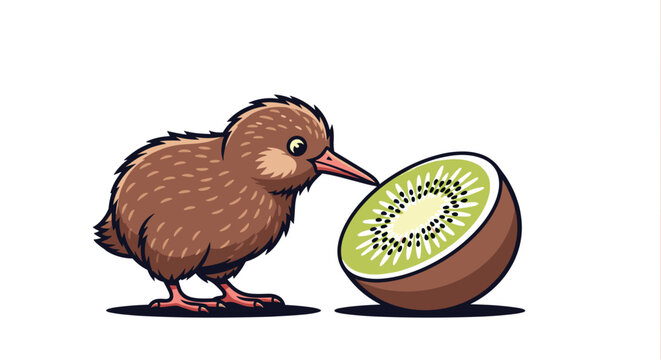 Cute Cartoon Kiwi Bird with Fresh Kiwi Fruit Slice - New Zealand Wildlife Mascot Vector Illustration, Isolated on transparent background for Graphic Design.
