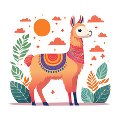 Fototapeta premium Cute llama with colorful blanket and plants
