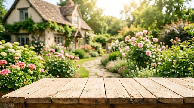 English cottage garden with wooden tabletop exterior scene
