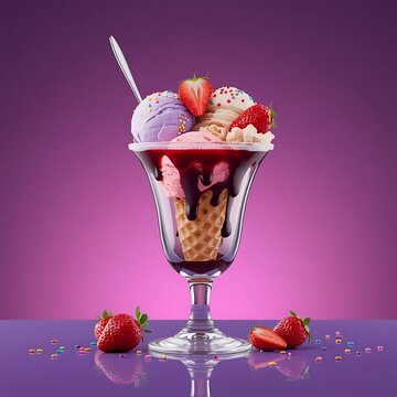 Strawberry and chocolate ice cream sundae with fresh berries in a glass cup