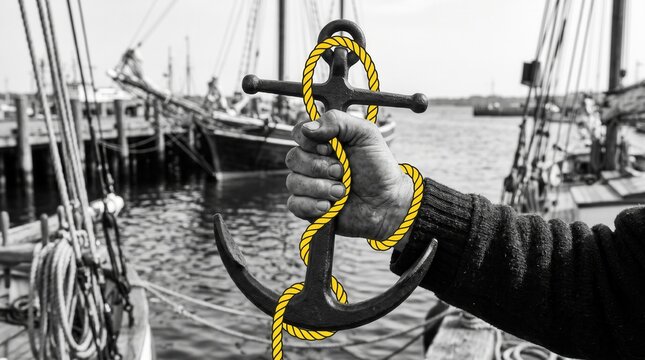 A black and white photo shows a hand gripping a maritime anchor wrapped in a yellow rope at a dock with moored ships in the background.
