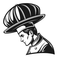 Professional chef in uniform and tall hat profile portrait with culinary professional restaurant occupation portrait © Master