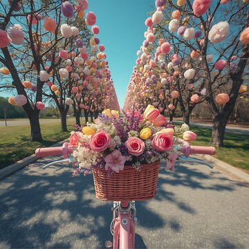 Beautiful pink flower bouquet in a basket surrounded by a blooming garden scene