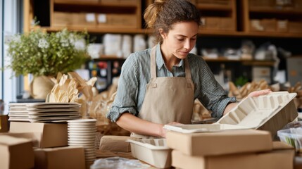 Fototapeta premium Female small business owner using eco friendly packaging