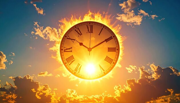 Burning clock face against sunset sky with clouds.