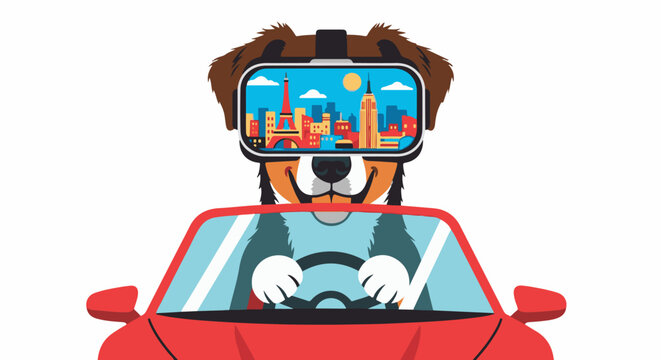 Dog in virtual reality headset drives car, sees cityscape