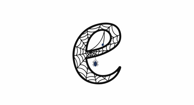 Gothic lowercase 'e' letter decorated with a spiderweb and two dangling spiders