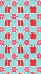 A festive pattern of red gifts and pink snowflakes on teal background