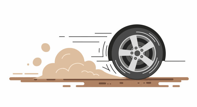 Dynamic tire kicks up dust, suggesting rapid motion and speed