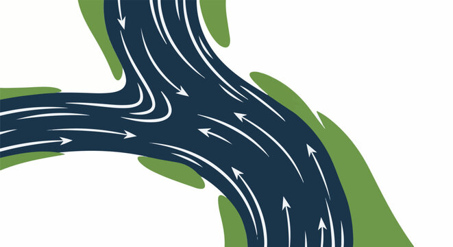 Dark blue river splits and merges, flowing through green banks with white arrows