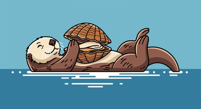 Cartoon otter floating on back with open clam and pearls in the ocean