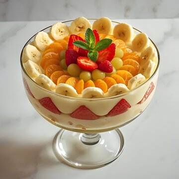 Fresh fruit salad in a bowl with strawberries, berries, yogurt, and cream for a healthy and delicious breakfast dessert snack