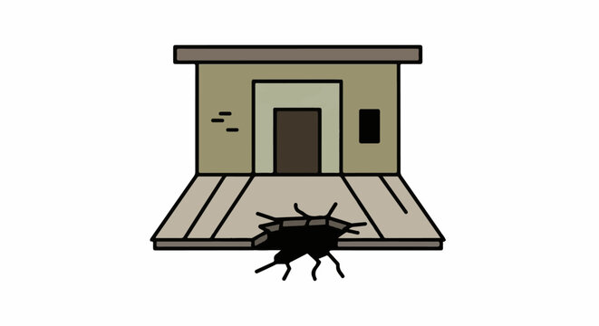 Dilapidated building with a gaping hole in the ground before it
