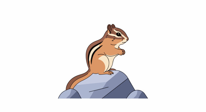 Cute cartoon chipmunk with stripes sitting on a grey rock