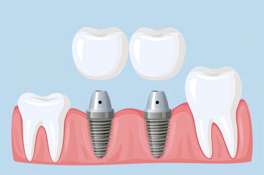 Dental bridge on two implants replacing missing teeth