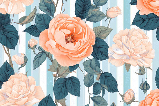 Tea rose floral pattern with soft peach blossoms and deep teal foliage on a light blue striped background. Elegant vintage-inspired botanical design with delicate shading and refined details.